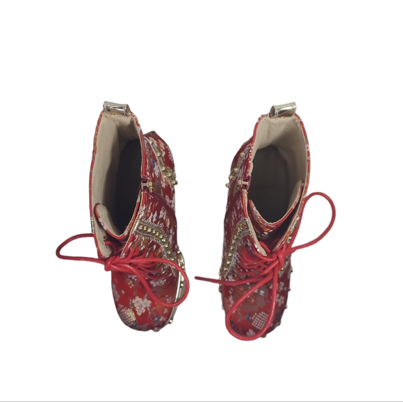 Womens Platform High Heels Square Toe Pearl Lace Strap Rivet Decor Boots 38(7.5) - Picture 6 of 13